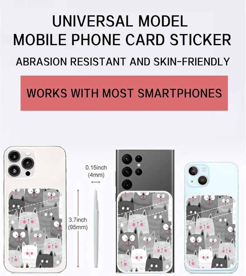 AOHRO Dual Pocket Leather Phone Wallet Adhesive Stick On, Cute Card Holder, Credit Card Holder for Phone Case, Grey Cute Cats - Image 2